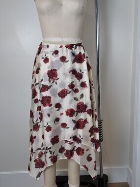 emory park Ivory Midi Skirt with Burgundy Rose Print